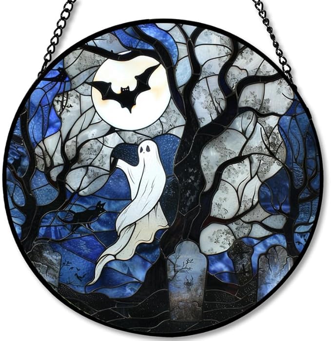 Stained Glass Window Hanging - 9.8in Spirits, Cat and Full Moon Graveyard Scene Sun Catchers Panel for Indoor Decorative Display for Mom, Wife, Lovers, Festive
