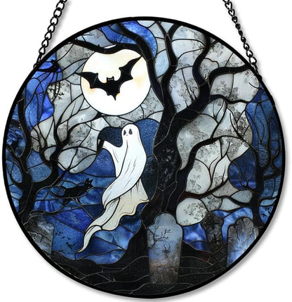 Stained Glass Window Hanging - 11.8in Spirits, Cat and Full Moon Graveyard Scene Sun Catchers Panel for Indoor Decorative Display for Mom, Wife, Lovers, Festive