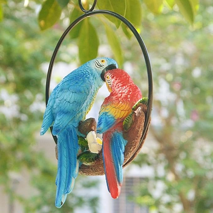 Mini Garden Statues Hanging Iron Ring Parrots, Swing Birds Figurine Sculpture Ornament for Pathways Yard Lawn Home Indoor Outdoor Decorations(Style 1)