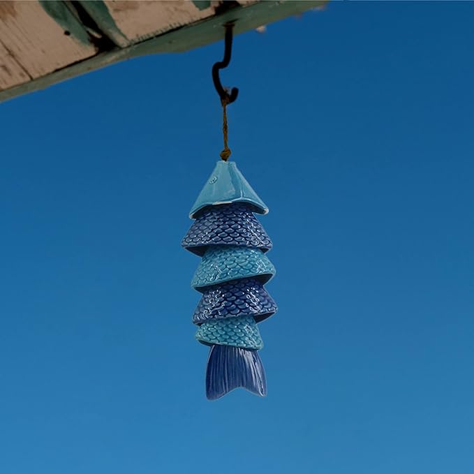 Koi Fish Wind Chime for Outside, 12 Inch Ceramic Wind Chimes with Gentle Tones for Patio Garden Yard, Porch, Beach Decor, Thoughtfully Weighted Design Prevents Constant Ringing.