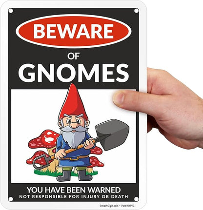 SmartSign Funny Beware Of Gnomes Warning Sign - 10"x7", 40 mil Laminated Rust-free Aluminum - Metal Signs for Wall Decor, Outdoors, Patio, Gifts, Bar, Club, Cafe - Gnomes Theme, Made in USA