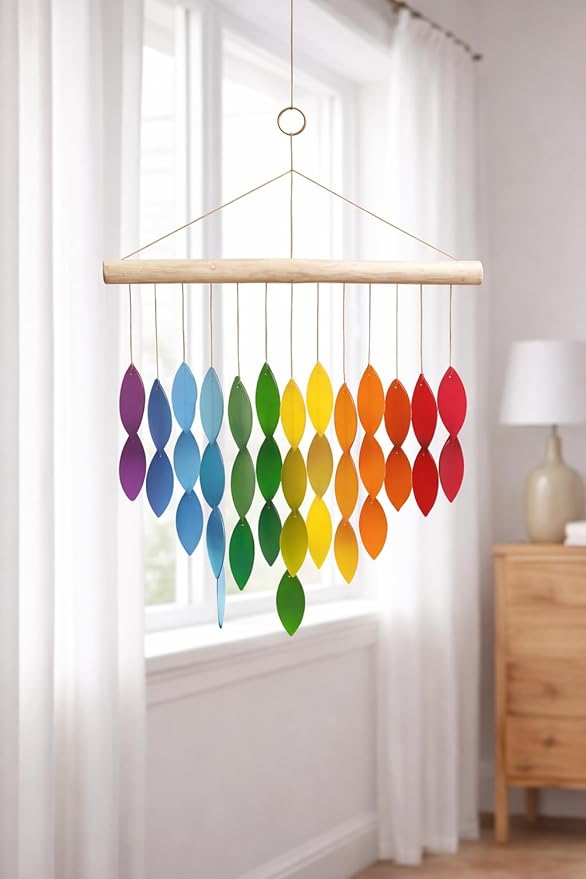 OMA Rainbow Waterfall Glass Wind Chime – Sandblasted Recycled Glass & Driftwood, Handcrafted Large 20″ Chime for Porch, Patio & Home