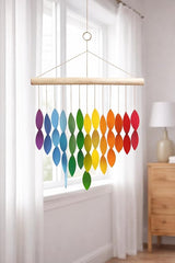 OMA Rainbow Waterfall Glass Wind Chime – Sandblasted Recycled Glass & Driftwood, Handcrafted Large 20″ Chime for Porch, Patio & Home