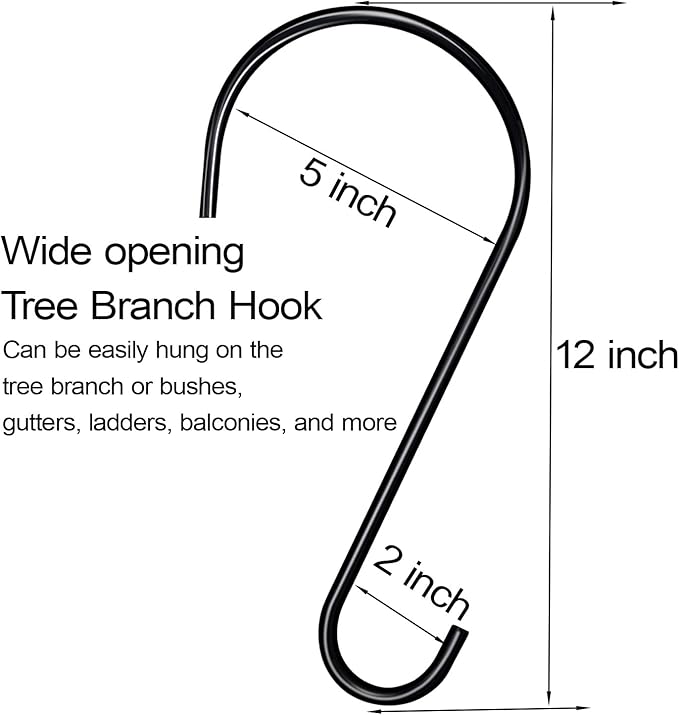 DINGEE Tree Branch Hook - 12 Inch Large S Hooks for Hanging Plants, Bird Feeders & Accessories - Black Metal - 6 Pack - Indoor & Outdoor