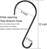 DINGEE Tree Branch Hook - 12 Inch Large S Hooks for Hanging Plants, Bird Feeders & Accessories - Black Metal - 6 Pack - Indoor & Outdoor