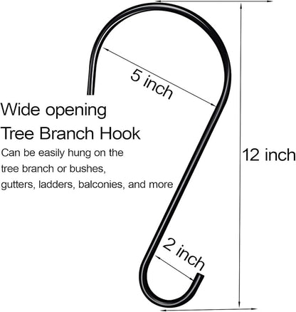 DINGEE Tree Branch Hook - 12 Inch Large S Hooks for Hanging Plants, Bird Feeders & Accessories - Black Metal - 6 Pack - Indoor & Outdoor