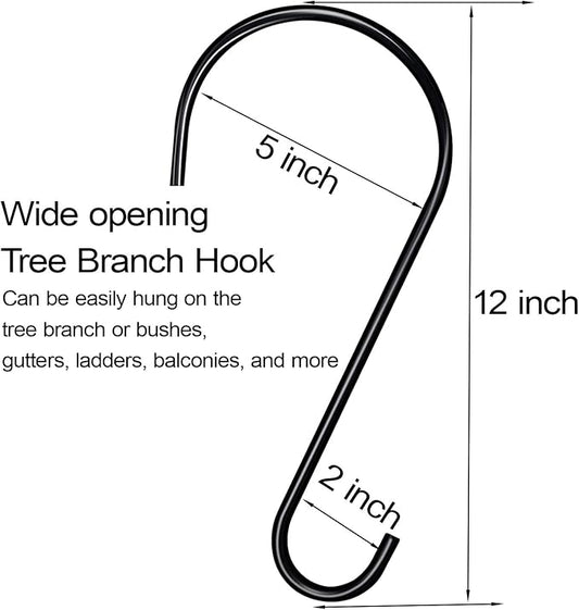 DINGEE Tree Branch Hook - 12 Inch Large S Hooks for Hanging Plants, Bird Feeders & Accessories - Black Metal - 6 Pack - Indoor & Outdoor