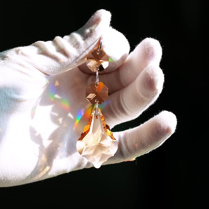 20pcs Crystal Maple Leaf Chandelier Prism Replacement Pendant Connected Glass Octagon Beads Chain for Chandelier Christmas Decoration 38mm (Rose)