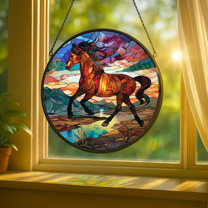 Stained Glass Window Hanging Running Horse 9.8in Sun Catchers Panel for Indoor Decorative Display for Mom Wife Lovers Festive