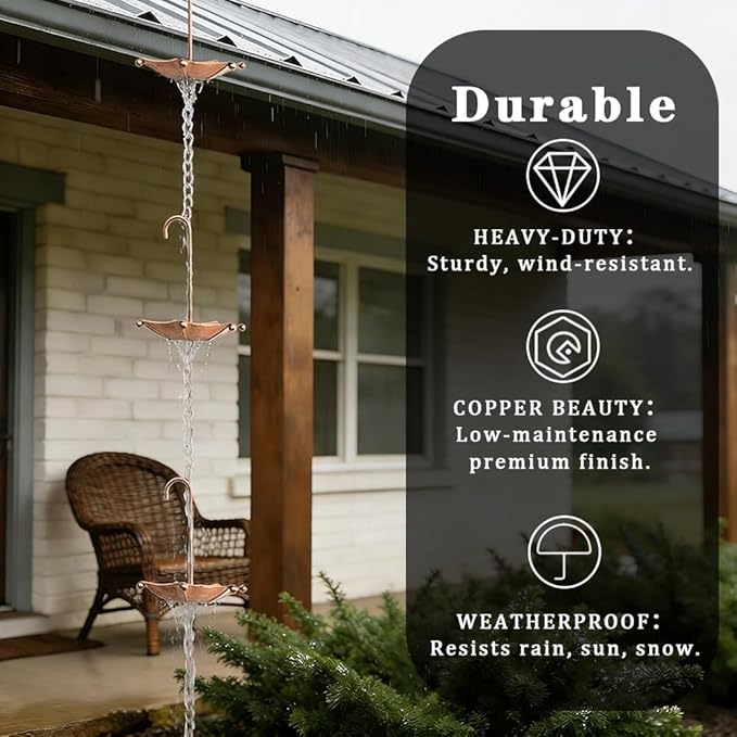 8.5FT Rain Chains with 10 Umbrella Rain Chain Cups, Rain Catcher for Gutters, Decorative Copper Rainwater Diverter Rain Chimes for Garden Decor, Replacement for Outside Gutter Downspouts in Spring