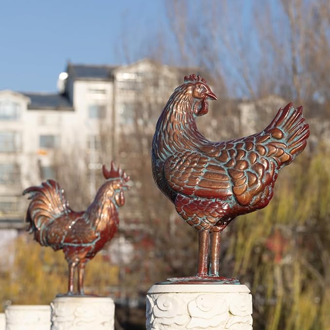 Metal Chicken Decor for Yard and Garden Large Rooster & Hen Garden Statues & Sculptures Antique Copper Outdoor Chickens Yard Art for Backyard Patio Lawn Home Kitchen Farmhouse Decorations