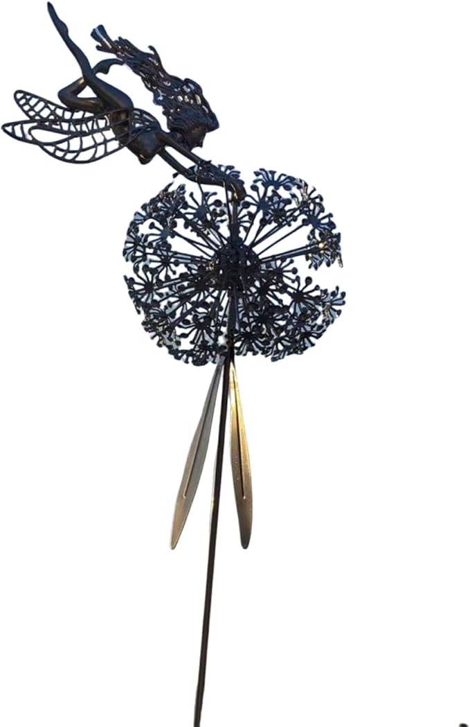 Flower Fairy Dancing with Dandelion, Fairy Garden Sculptures, Angel Metal Ornaments Gardens Art Sculpture, Stainless Steel Statue Garden Ornaments Art Decorations for Outdoor Yard Lawn Patio (F_3D)