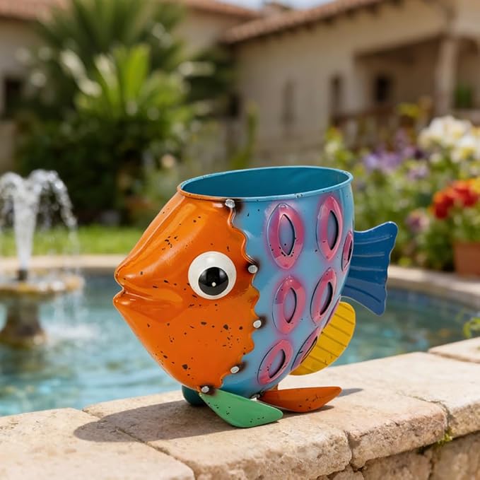 Oak & Lore Colorful Metal Fish Garden Statues, Cute Animal Garden Sculptures & Statues with Planters for Home Patio Porch Yard Decor