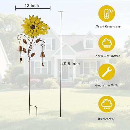 HLQMFHT Sunflower Garden Stake with Bells, Decorative Garden Stakes for Garden Yard Patio Decor