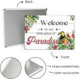 SCAZOMV Welcome to Our Little Piece of Paradise Metal Sign Vintage Tin Signs for Home Wall Decoration Swimming Pool Beach Porch Home Poolside Bar Pub Garden Outdoor Funny Wall Decor 12x8 Inch