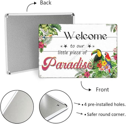 SCAZOMV Welcome to Our Little Piece of Paradise Metal Sign Vintage Tin Signs for Home Wall Decoration Swimming Pool Beach Porch Home Poolside Bar Pub Garden Outdoor Funny Wall Decor 12x8 Inch