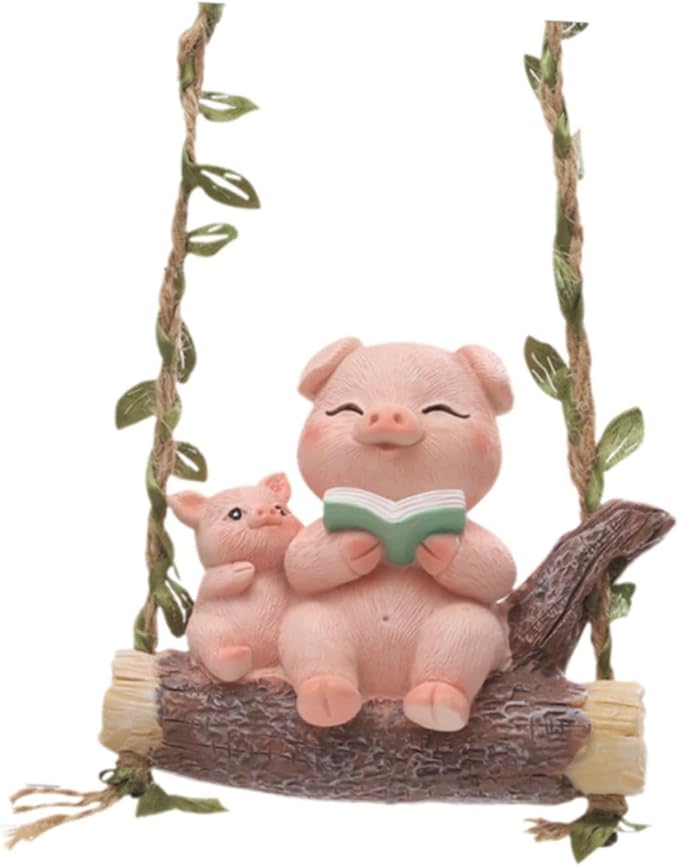 Swing Animal Garden Statue, Resin Ornament, Cartoon Gift,Decorative Hanging Sculpture Cute Pig Figurine for Outdoor Indoor