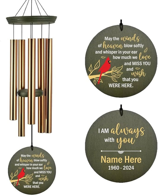 Personalized Wind Chimes Outdoor, Wind Chimes for Loss of Loved Ones, 36inch Custom Cardinal Bird Wind Chime Deep Tone, in Loving Memory of Dad/Mom, Gifts for Condolences (Produced in USA)