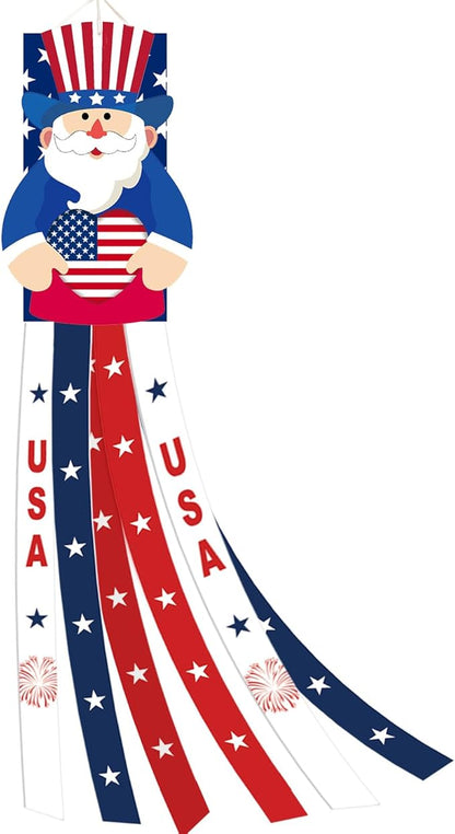 40 Inches Uncle Sam Windsock Decoration, Patriotic USA Themed Hanging Outdoor Wind Sock Ornament with Red, White, Blue Streamers, 'USA' Lettering, and Stars for 4th of July, Memorial Day, Veterans Day