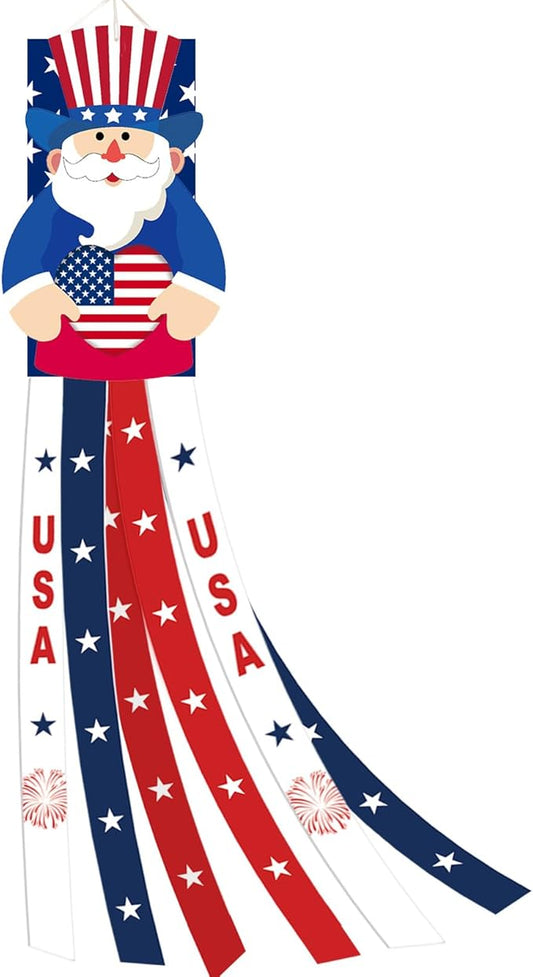 40 Inches Uncle Sam Windsock Decoration, Patriotic USA Themed Hanging Outdoor Wind Sock Ornament with Red, White, Blue Streamers, 'USA' Lettering, and Stars for 4th of July, Memorial Day, Veterans Day