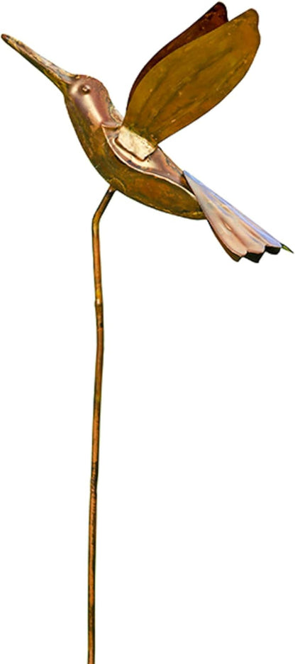 BestNest Ancient Graffiti Flamed Copper Garden Stakes, Set of 3 Metal Outdoor Yard Ornaments with Songbird, Dragonfly & Hummingbird Toppers, Decorative Staked Garden Art