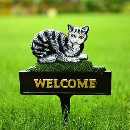 Sungmor Vintage Farmhouse Decorative Garden Stake Welcome Sign, 12" Tall Heavy Duty Sturdy Cast Iron Lovely Cat Statue, Indoor Outdoor Garden Pots Lawn Patio Courtyard Landscaping Decor Funny Stakes
