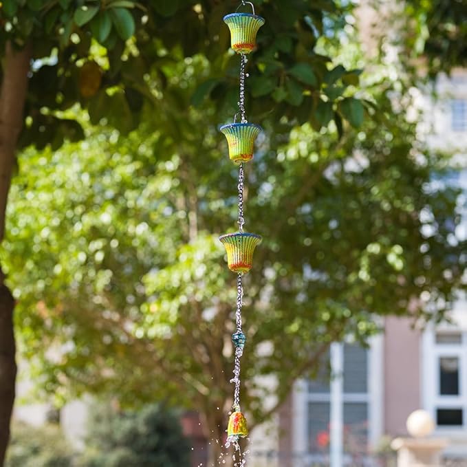 10ft Rain Chains for Outside, 12-Cup Rain Chain Replacement Downspout for Gutters,Eaves, Drainage, Adjustable Length(Green & Yellow)