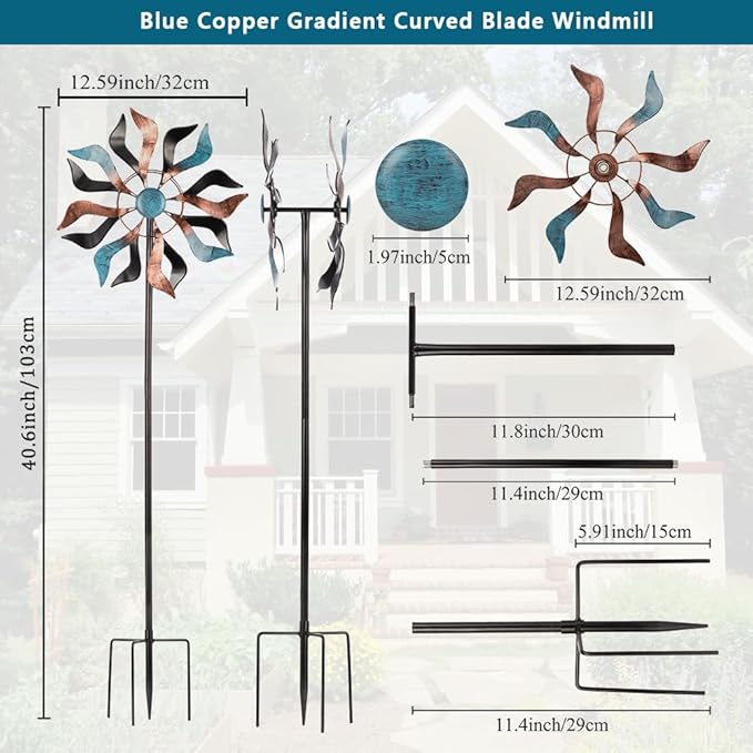Wind Spinner Outdoor, 13 Inch Dia Kinetic Wind Sculptures & Spinners, 41" Tall Metal Windmill for Garden Yard Decor, Copper Blue