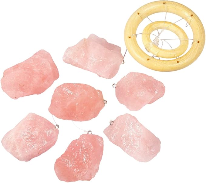 Nupuyai Wind Chimes - Unique Raw Stones Wind Chimes for Indoor Outdoor, Healing Stone Windchime Hanging Ornament for Home Garden, 17.7-21.7'', Rose Quartz