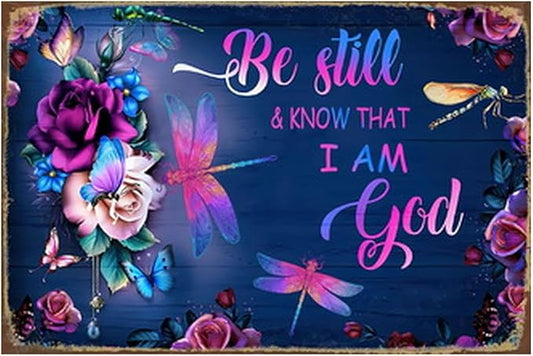 Dragonfly Tin Sign Flower Metal Poster Vintage, Be Still & Know, Wall Art Decor Gifts for Home Bar Kitchen Restaurant Bedroom Garden Plaque 8x12 Inch