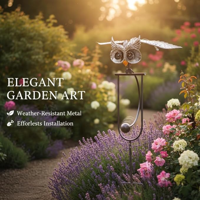Metal Owl Garden Stake Decor, Owl Garden Rocker Outdoor Metal Owl Sculpture, Kinetic Owl Decorative Garden Stakes for Outdoor Garden Lawn Yard (Flying owl)