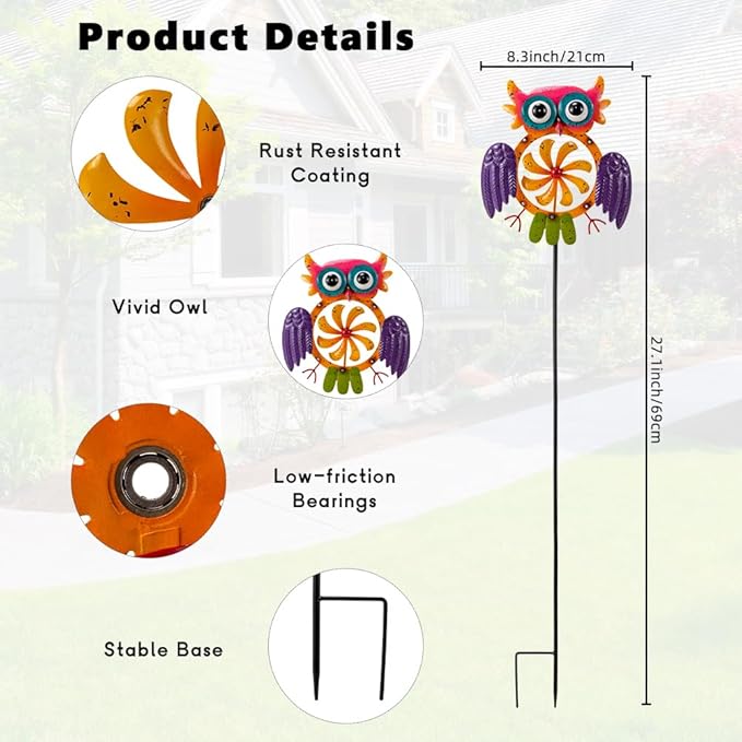 Oak & Lore Colorful Owl Wind Spinners Outdoor Metal Garden Wind Sculptures & Spinners with Stakes for Patio, Lawn, Backyard Outdoor Decor