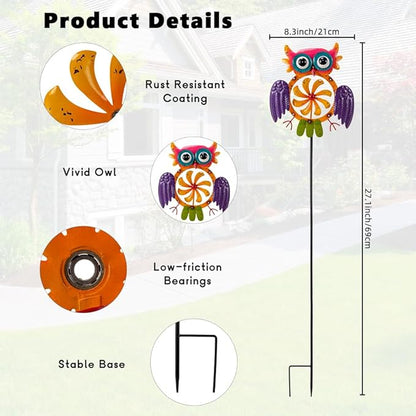 Oak & Lore Colorful Owl Wind Spinners Outdoor Metal Garden Wind Sculptures & Spinners with Stakes for Patio, Lawn, Backyard Outdoor Decor