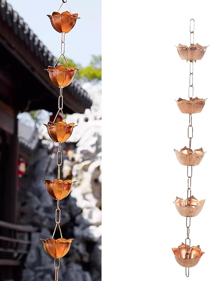 Haofy Copper Rain Chain Flower Shaped Decorative Rain Catcher 1 Meter Gutter Downspout Replacement Handcrafted Lotus Design for Garden Porch Courtyard Villa