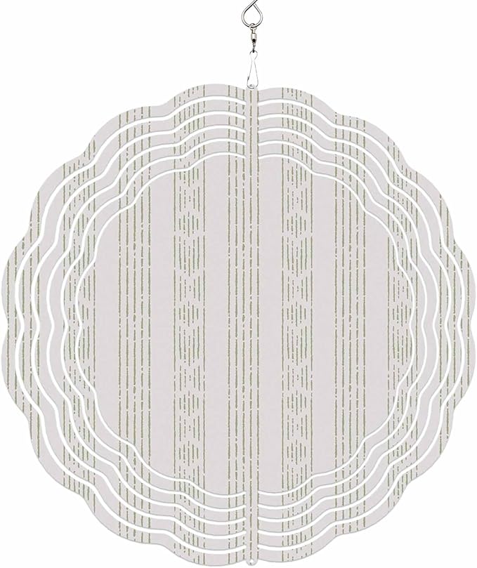Bohemian Stripes Sage Green Round Wind Spinner 10", 3D Stainless Steel Wind Spinners for Yard and Garden Vintage Geometric Tribe Indoor Outdoor Metal Hanging Craft Ornaments for Porch Lawn