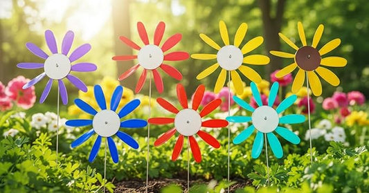Beloit Plastics Spinning Daisy (6 Pack Random Color) Tall Pinwheel and Wind Spinner for Garden, Lawn, or Patio,Front or Back Yard Decoration,USA Made