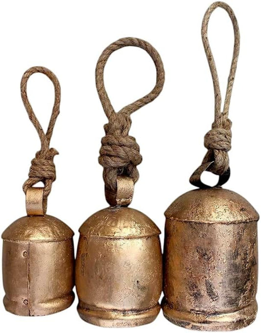 Mango Gifts Handmade Rustic Iron Tin Metal Vintage Harmony Bells Rustic Brass Country Style Large Bell Relaxing Tranquil Wind Chimes Christmas Hanging, Bells on Rope Set of 3 Pieces