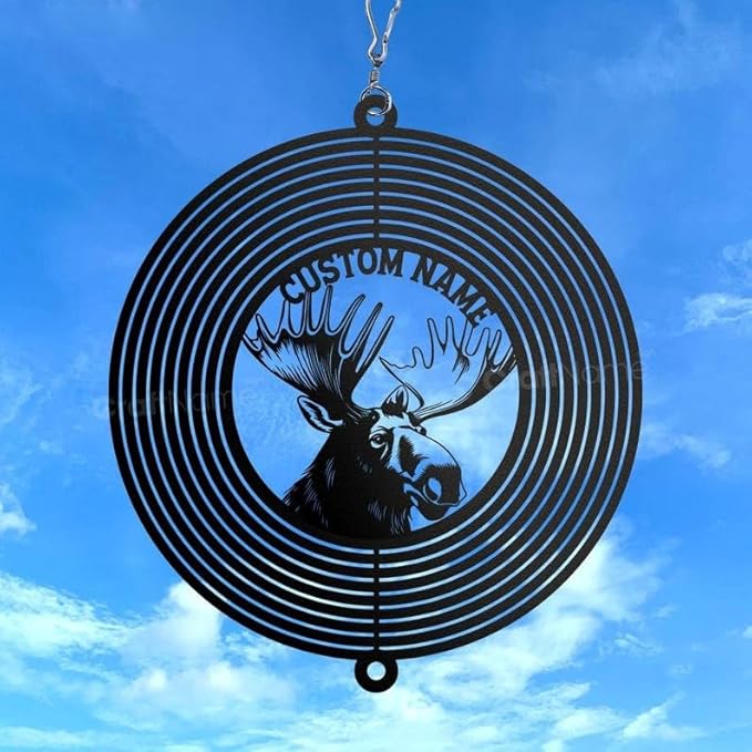 Personalized Moose Metal Wind Spinner, Custom Hanging Art for Outdoor Spaces, Rustic Wildlife Decoration, Nature Lover Gift (Moose Garden Wind Spinner)