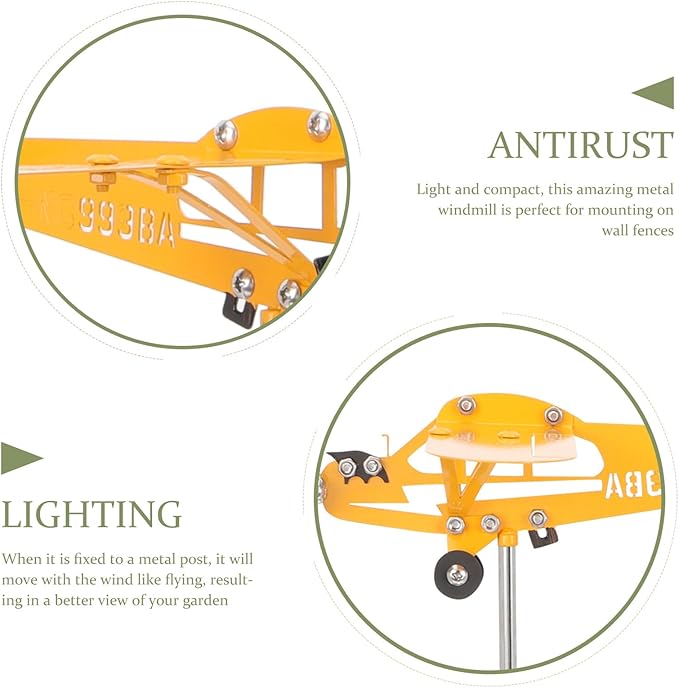 Metal Airplane Wind Spinner Outdoor Garden Decoration Yellow Small 28x18cm Iron Art Weather Vane Patio Yard Sculpture