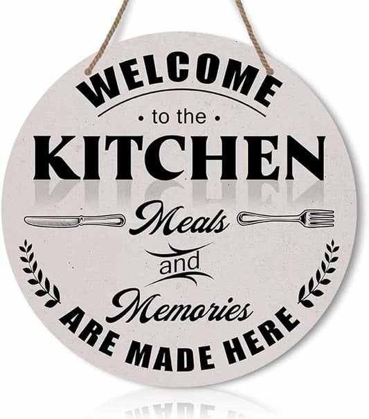 Welcome To The Kitchen Meals And Memories Are Made Here Round Rustic Wood Sign Plaque Vintage Wall Door Art Sign Cute Wooden Hanging Sign Decor for Home Kitchen Farmhouse Entryway 12 Inch