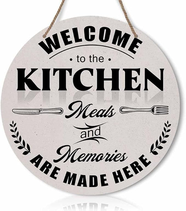 Welcome To The Kitchen Meals And Memories Are Made Here Round Rustic Wood Sign Plaque Vintage Wall Door Art Sign Cute Wooden Hanging Sign Decor for Home Kitchen Farmhouse Entryway 12 Inch