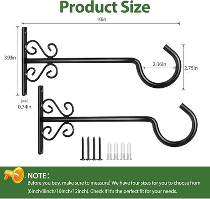 BOLITE Plant Hangers, 10 Inch Hanging Plant Brackets Outdoors or Indoors, Wall Hooks for Hanging Hummingbird Feeders, Bird Feeders, Planters, Lanterns, Wind Chimes, 2 Pack, Black, Gifts for Women Men