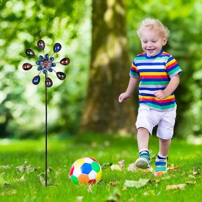 DREAMYSOUL Wind Spinners Outdoor, 10" Dia Colorful Metal Pinwheels for Yard and Garden, Kinetic Wind Sculptures & Spinner Outside (Purple Flowers)