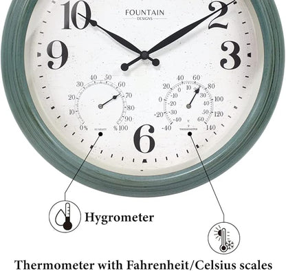 18 Inch Maison in/Outdoor Clocks Waterproof, Large Outdoor Clock Thermometer Combo, 3 in 1 Weather Stations,Aged Teal