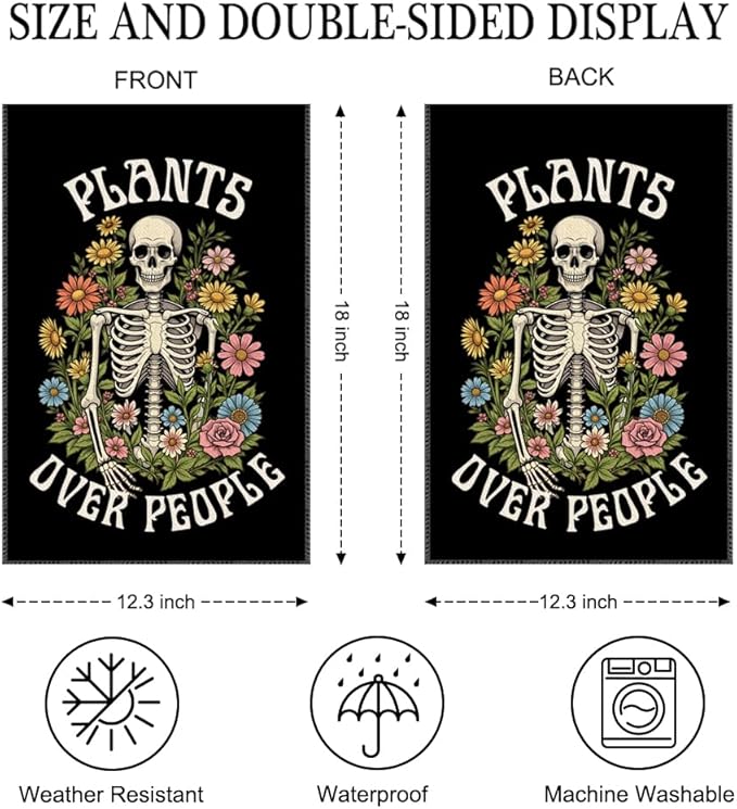 Plants Over People Halloween Garden Flag Double Sided Yard Outdoor Decoration 12x18 Inch, Plant Garden Flag, Halloween Skull Floral Patio Decorative Banner, Funny Skeleton Gardener Gifts