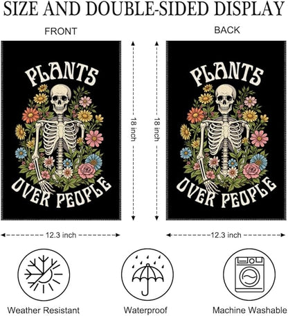 Plants Over People Halloween Garden Flag Double Sided Yard Outdoor Decoration 12x18 Inch, Plant Garden Flag, Halloween Skull Floral Patio Decorative Banner, Funny Skeleton Gardener Gifts