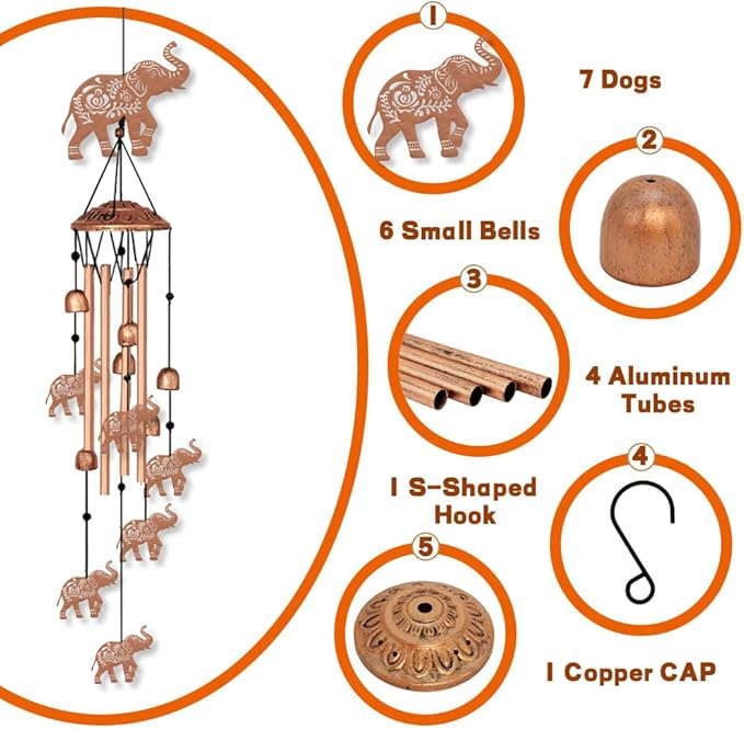 ORIGACH Elephant Wind Chimes Metal Wind Chimes for Outside Gifts for Women Mom Grandma Deep Tone Suitable for Outdoor, Indoor, Balcony, Garden, Courtyard, Porch, 30-Inch Long