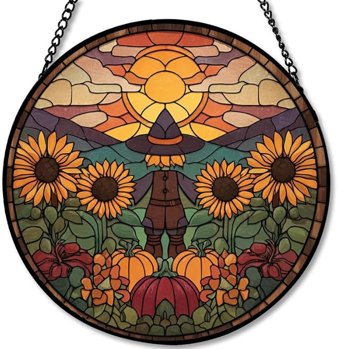 Stained Glass Window Hanging Scarecrow Sunflower and Pumpkin Sun Catchers Panel for Indoor Decorative Display for Mom, Wife, Lovers, Festive