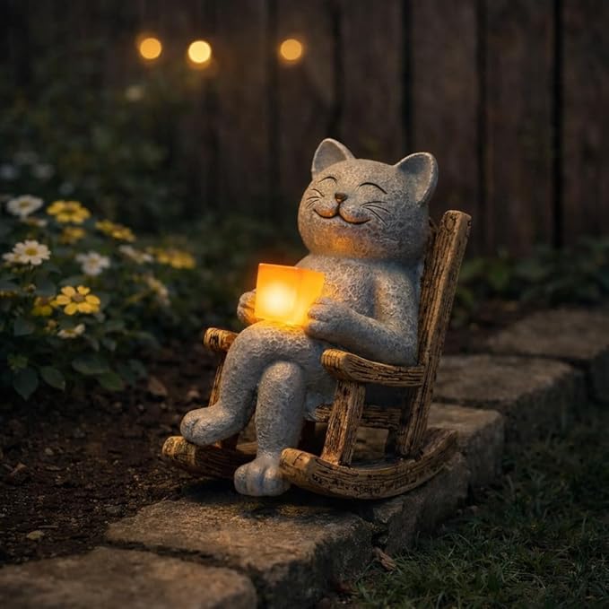 Lyeasw Cat Solar Garden Statues - Outdoor Decor for Patio, Lawn, Yard, Porch- Miniature Cute Cat Outdoor Figurine with LED Lights - Housewarming Birthday for Women, Mom, Cat Lovers