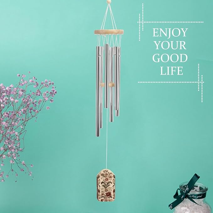 Wind Chimes for Outside,Red Stripes and Flowers Printed Cute Aluminium Windchimes Outdoors,Soothing Melodic Memorial Wind Chime for House Porch Patio Garden Balcony Decor